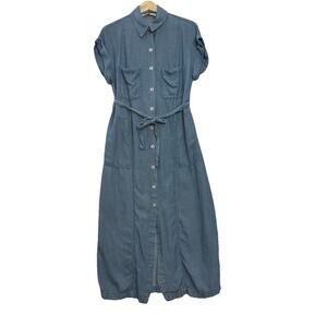 Zara Belted Denim Maxi Dress Womens S Blue Chambray Pockets Button Up *READ